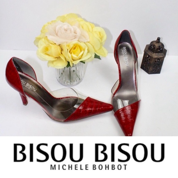 Bisou Bisou Red Patent Croc Print Clear Accent Pumps Heels Size 6.5 - Picture 1 of 8